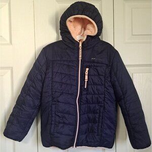 Eddie Bauer Girls 5/6 Reversible Navy/Pink Hooded Winter Fleece Puffer Jacket